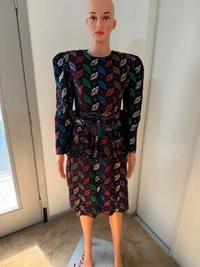 Vintage 80s Black Metallic Leaf Dress Puff Sleeve Statement Party Dress